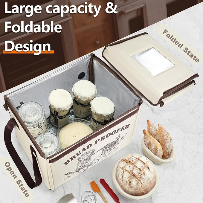OUEST Folding Bread Proofing Box, Fabric Sour Dough Proofing Box with Temp Control 50-113°F & 12H Timer, Fabric Dough Proofer with Metal Rack for Bread Baking, Pizza, Yogurt, Kombucha