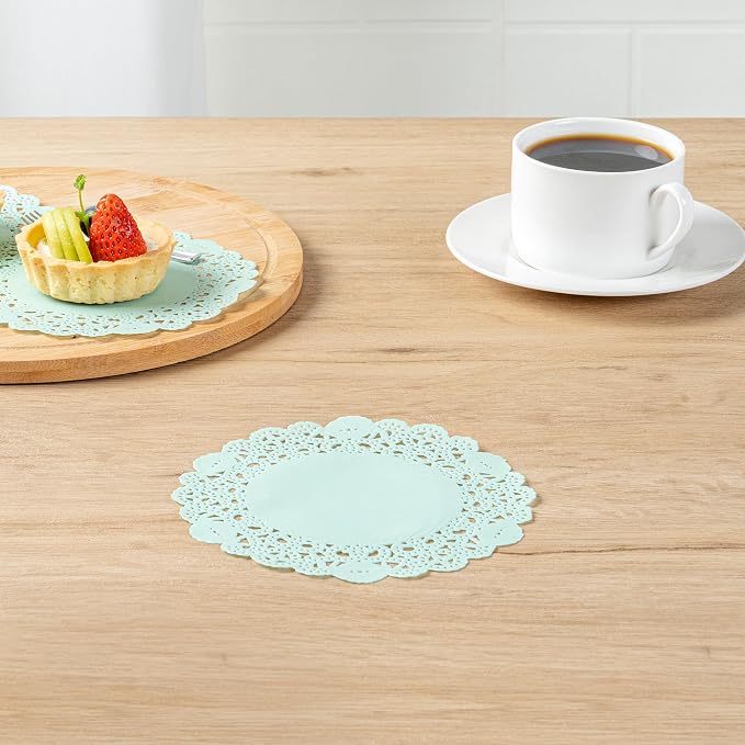 Restaurantware-Pastry Tek 6 x 6 Inch Paper Lace Doilies, 4000 Disposable Table Doilies - Elegant Lace Finish, Long Lasting, Teal Paper Placemat, for Pastries, Cupcakes, Desserts