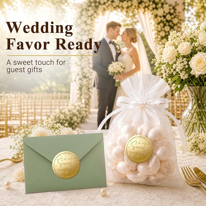 100 x A Sweet Thank You Embossed Sticker Labels Wedding Party Shower Favor Raised Gold Foil Stickers Sweet Treat Sticker for Wedding 1.57” (Gold)