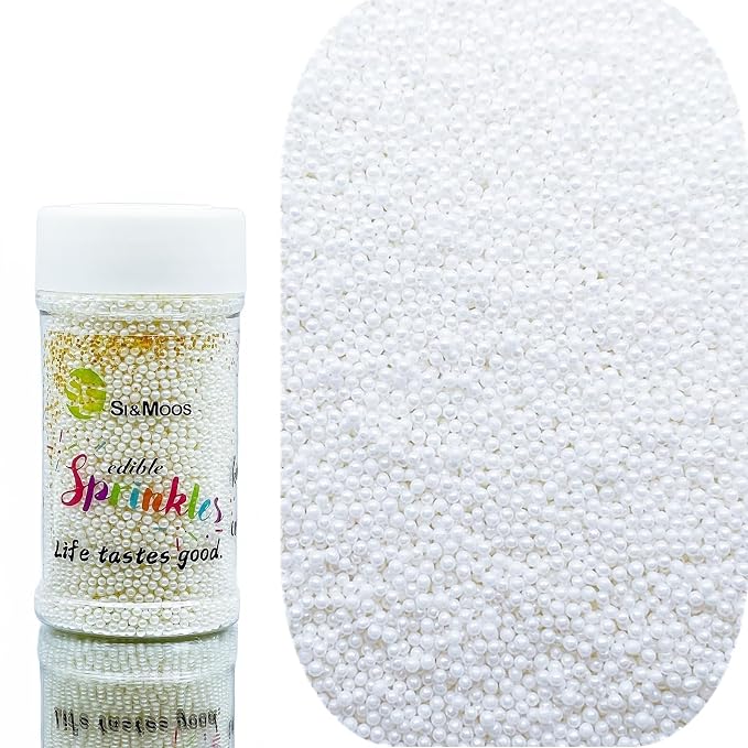SE Si&Moos Nonpareil Sprinkles, 2mm White Mini Edible Pearls White Sprinkles for Cake Decorating Halloween Cookie Decorations Wedding Baby Shower Party Christmas Holiday Supplies 3.5 OZ