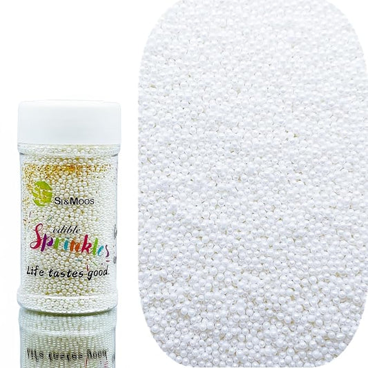 SE Si&Moos Nonpareil Sprinkles, 2mm White Mini Edible Pearls White Sprinkles for Cake Decorating Halloween Cookie Decorations Wedding Baby Shower Party Christmas Holiday Supplies 3.5 OZ