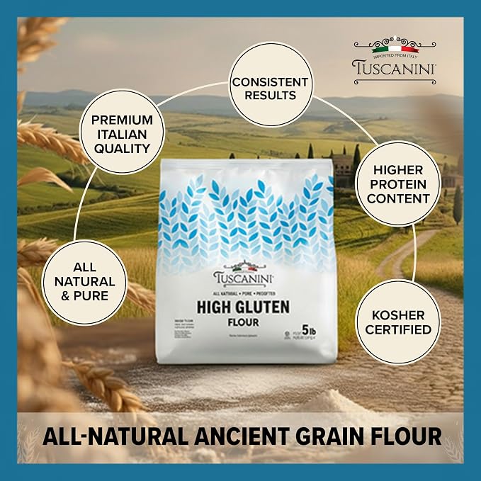 Tuscanini Italian High Gluten Flour, Premium Bread Flour, 5 lb (2.27 kg) | Ideal for Bread, Challah & Pizza Dough | Insect Free | All Natural, Pure, Presifted | Kosher