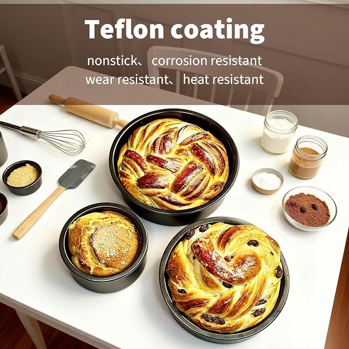 3-Piece Round Cake Pans Set (4", 6", 8"), Heavy-Duty Carbon Steel Baking Pan Set for Layer Cakes and Deep Dish Pizzas, Non-Stick Professional Tiered Cake Molds, Straight Side & Dishwasher Safe, Grey