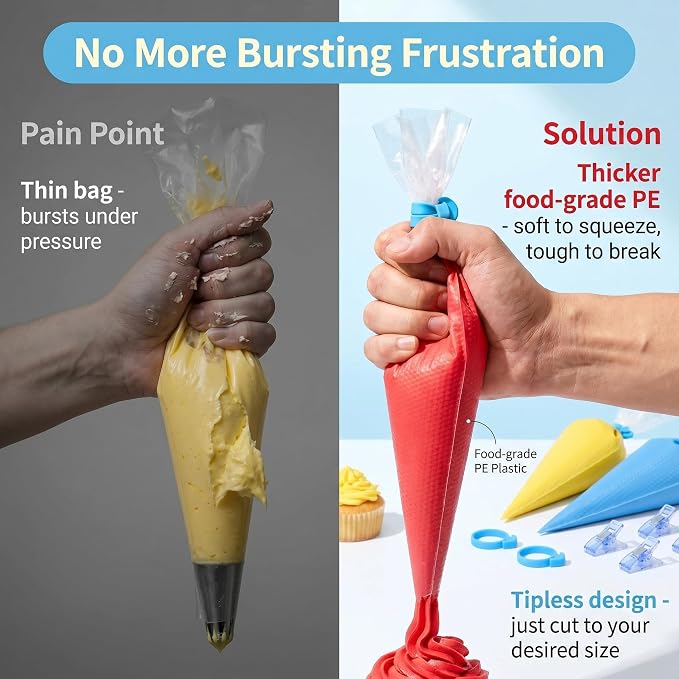 122Pieces Tipless Piping Bags - 100pcs Disposable Piping Pastry Bag for Royal Icing/Cookies Decorating - 10 Pastry Bag Ties,10 Clips &2 Scriber Needle - Best Cookie/Cake Decorating Tools (10 Inch)