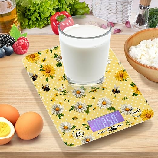 Food Scale Kitchen Scale Food Weight Scales Digital Weight Grams and Ounces Small Electronic Food Scale for Baking Cooking Yellow Dot Bee and Daisy