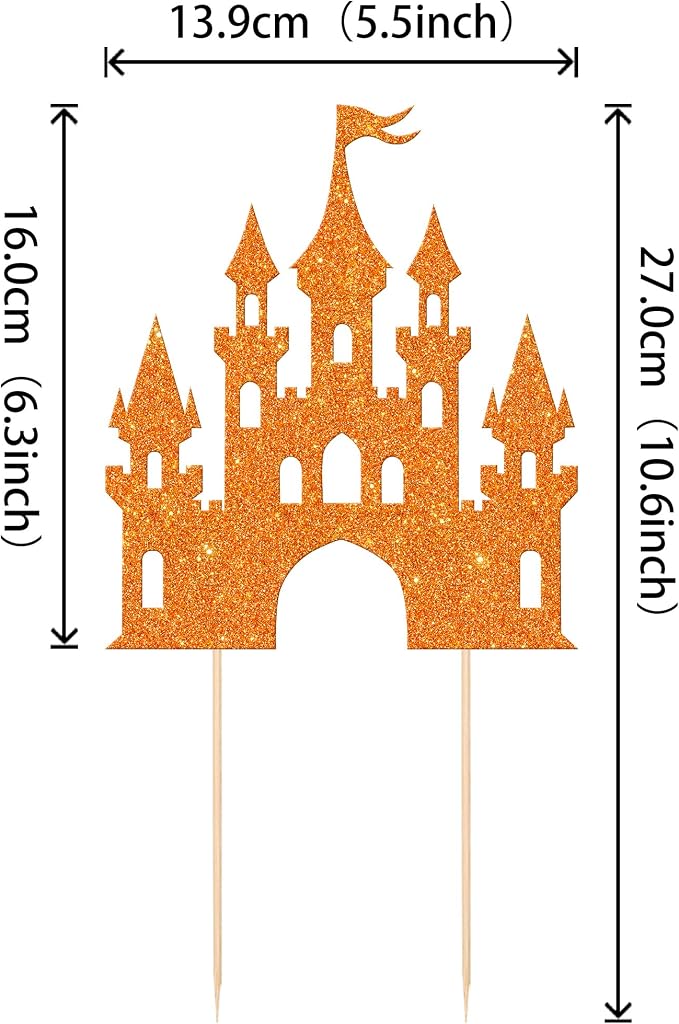 1 PCS Castle Cake Topper Glitter Princess Cake Topper Castle Theme Birthday Party Decoration Princess Happy Birthday Cake Decoration for Baby Shower Girls Princess Birthday Party Supplies Orange