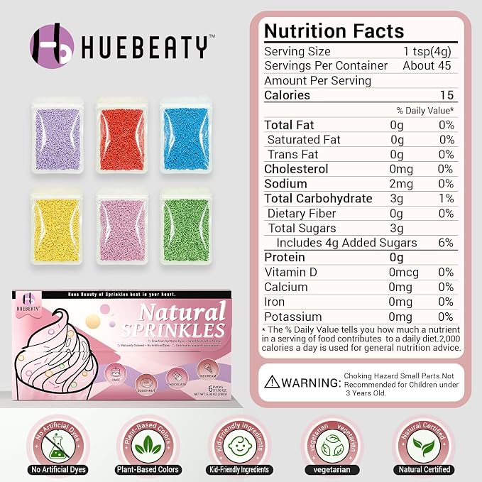 HUEBEATY Dye Free Rainbow Neon Colored Jimmies Sprinkles Variety Pack– 180g | Natural Primaty Color Sprinkles, Rainbow Color Jimmies Variety Pack for Cakes, Cupcakes, Cookies, Ice Cream and Kids Baking