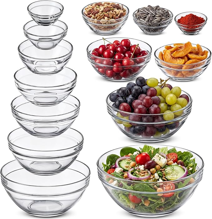 Sawysine 14 Pcs Glass Prep Bowl Sets Clear Small Pinch Bowls Salt Spices Ingredients Serving Bowl Stackable for Kitchen Prep Cooking Dishwasher Safe (1.35oz/2.37oz/4.73oz/8.45oz /12.85oz/20.29oz/37oz)