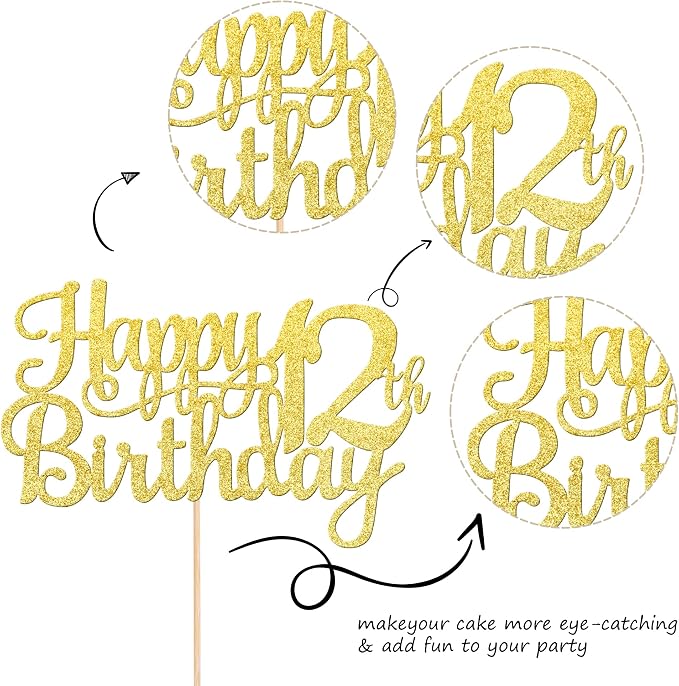 1 PCS Happy 12th Birthday Cake Topper Gold Glitter Cheers to 12 Years Birthday Cake Pick 12 Fabulous Cake Decoration for Happy 13th Birthday Theme Party Decorations Supplies