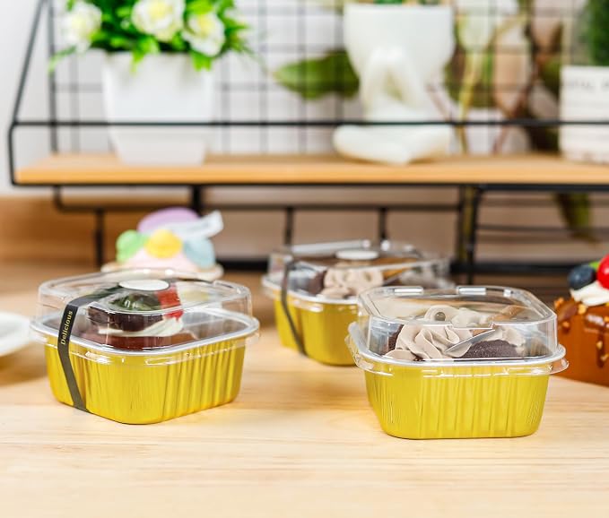 NPLUX 50 Pack Mini Cake Pans with Lids and Spoons Aluminum Foil Pans Square Cake Tins for Bakery Party Wedding, Graduation Gifts Party Favors(Gold,5 oz)