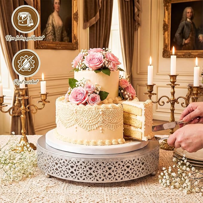 Wenqik Cake Stand 12 Inch Round Metal Cupcake Dessert Wedding Cake Stand Cookies Display Holder Fruit Serving Tray for Table Wedding Birthday Anniversary Party, Silver