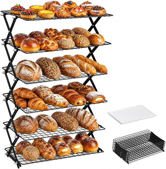 6 Tier Collapsible Cooling Rack for Baking Cookies Bread Barbecue | Include 50 Baking Papers, 4-Level Adjustable Height, 3 Setting Design, Stackable Roasting Rack, X-Shaped Structure