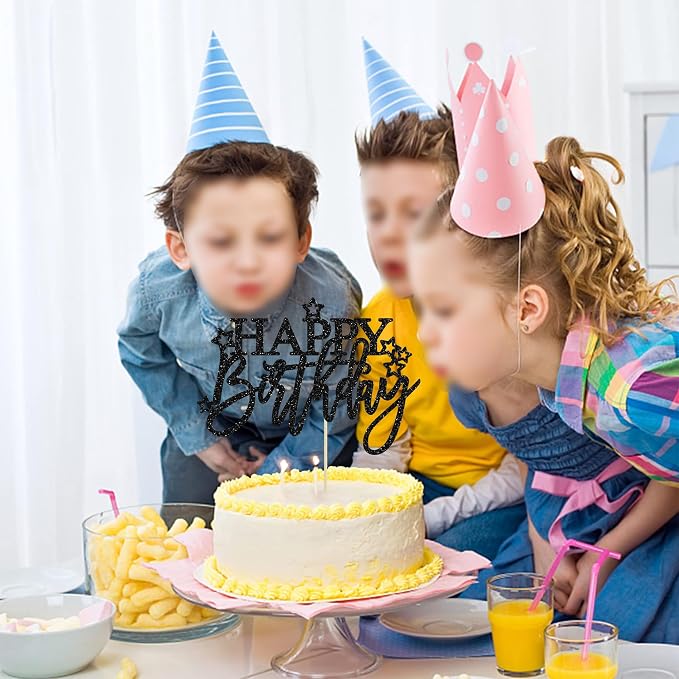 Gyufise 1Pcs Happy Birthday Cake Topper Glitter Happy Birthday Cake Pick for Celebrating Happy Birthday Anniversary Theme Party Cake Decorations Supplies Light Black