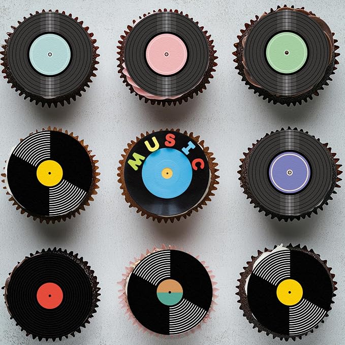 36PCS Edible Record Cupcake Toppers Wafer Paper Record CD Cupcake Picks Rock and Roll Party Decorations for Retro Vinyl Music Theme Birthday Baby Shower Supplies