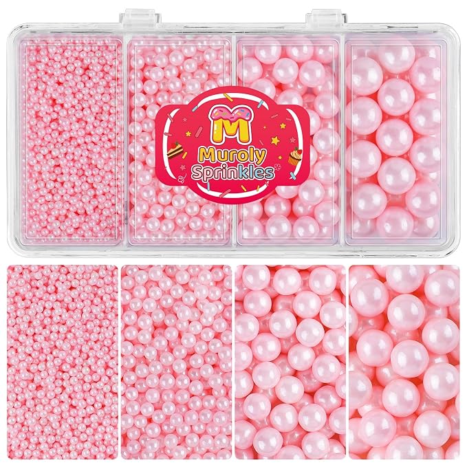 Pink Pearl Sprinkles for Cake Decorating, 4 Sizes Edible Pearls Pink Sprinkles for Cupcakes Ice Cream Dessert 4.6oz
