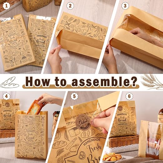 Spakon 120 Pcs Large Bread Bags for Homemade Bread with Window 14 x 8.3 x 3.5 Inch Kraft Paper Sourdough Bakery Bags 120 Baked with Love Stickers for Storage Cookies and Snacks Baked Food Packaging