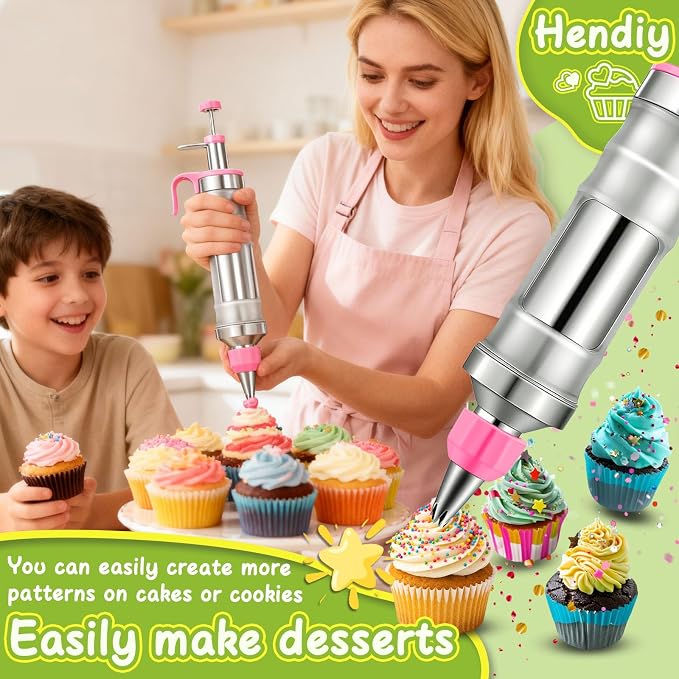 Hendiy Dessert Decorating Syringe Set, Stainless Steel Frosting Kit | 6 Piping Tips, 9 Silicone Cupcakes, Piping Bags Included, Cupcake Decorating Kit