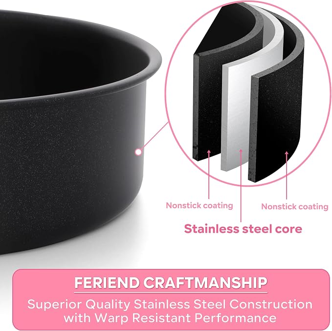 Herogo 8 Inch Cake Pan Set of 2, Stainless Steel Black Nonstick 3'' Deep Round Baking Pan, for Birthday Wedding Layer Cake Bakeware, Non Toxic, Oven & Dishwasher Safe