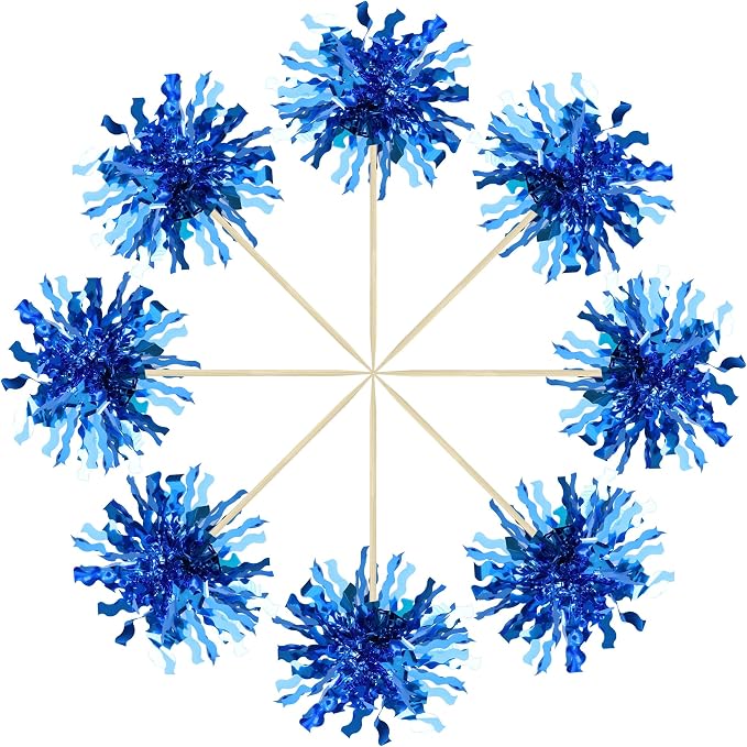 Gyufise 30Pcs Foil Firework Cupcake Toppers Happy Birthday Cake Toppers Sparkle Tinsel Flower Drink Stirrers Cocktail Food Fruit Toothpicks for Valentine's Day Party Supplies Blue