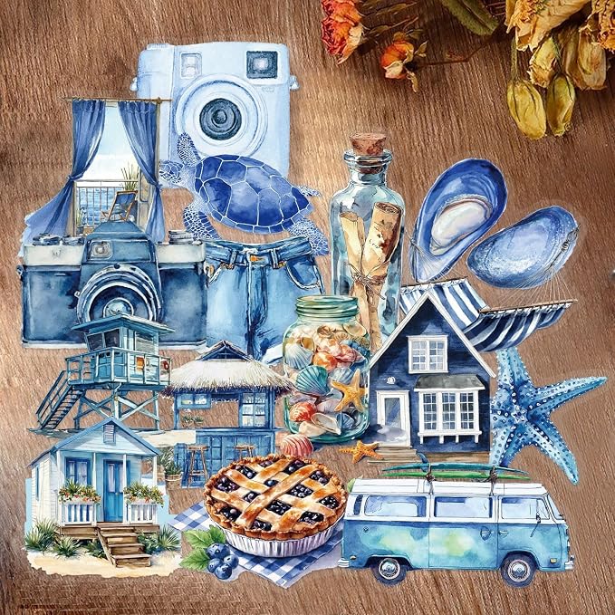 50 Pcs PET Transparent Blue Beach Stickers, Waterproof Vinyl Coastal-Themed Decals for Laptop Skateboard Luggage, Watercolor Beach Vacation Stickers Gift for Kids Teens AdultsBlue Beach