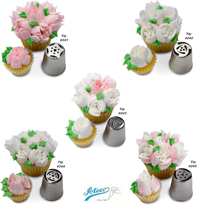 Ateco One Step Flower Russian Tube Set Includes Stainless Steel Tips:, 241, 242, 243, 244, 245, 246, 247, 248, 249, 251, 253, 254, 257, 258, 259
