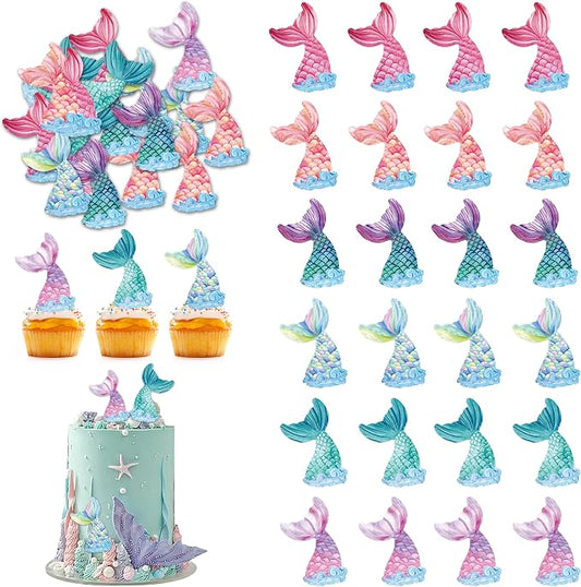 48Pcs Edible Mermaid Tail Cupcake Toppers Wafer Paper Mermaid theme Birthday Party Baby Showers Party Decoration
