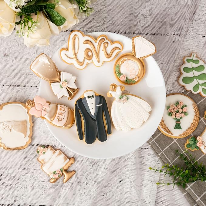 Love Cookie Cutters Set of 11 with 3D Stamper PLA Kitchen Cake Wedding Dress Love Ring Shapes for Kids 3" Baking Embossing Stamps Mold Supplies Biscuit Tools