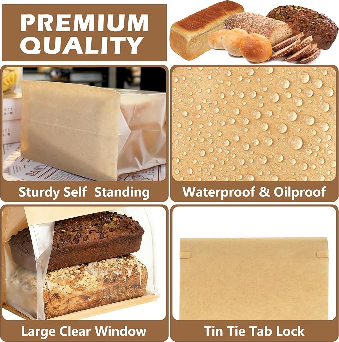 100 Pack Extra Large Paper Bread Bags for Homemade Bread Sourdough Bags, 12.2x10.6x6.1 Inches Resealable Tin Tie Tab Lock Bakery Loaf Bag with Window, Baked Goods Packaging for Gifting and Bake Sale