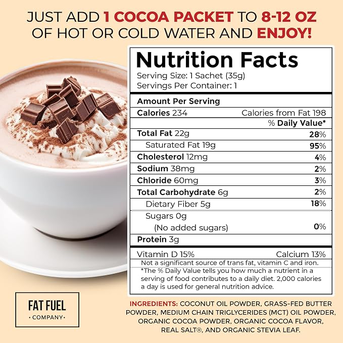Fat Fuel Instant Keto Cocoa – a Complete Keto-Friendly Meal Replacement with MCT Oil, Coconut Oil, and Grass Fed Butter – Low Carb Hot Chocolate, Organic (15 Packets)