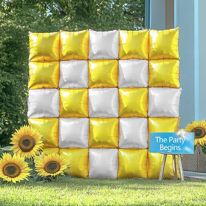 NISOCY 25PCS Yellow White Square Foil Balloons Wall Backdrop Double Sided Yellow Pearl White Balloons Arch Kit for Birthday Wedding Anniversary Baby Bridal Shower Party Decorations