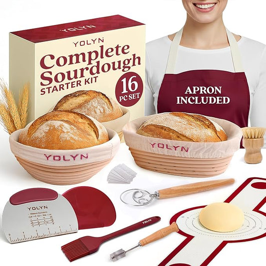 Sourdough Bread Baking Supplies with 2 Banneton Bread Proofing Basket Sizes - 16 Piece Sourdough Starter Kit Including Dough Whisk, Scraper, Lame, Apron for Artisan Bread Making