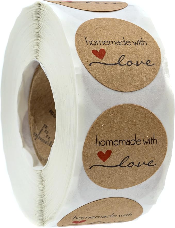 1" Round Natural Brown Kraft Homemade with Love Stickers / 500 Brown Kraft Labels Roll/Made in The USA