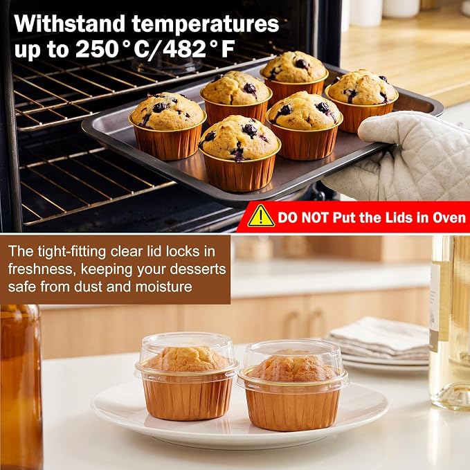 200 Pack Aluminum Foil Cupcake Liners with Lids, 5 oz Round Baking Cup, Disposable Ramekin Container for Graduation Wedding Independence Day Party(Bronze Gold,Plain)