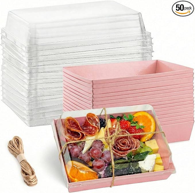 Leafiew 50 Pack 7x5 Inches Charcuterie Boxes with Clear Lids - Individual To Go Paper Charcuterie Board with Lid, Disposable Food Containers for Desserts, Cookie, Food, Charcuterie Accessories,Pink