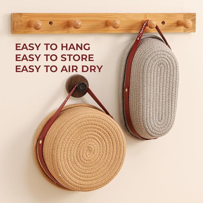 2-Pack Banneton Bread Proofing Baskets – Sourdough Starter Kit for Home Bakers, Cotton Rope Bannetons with Liners, Hanging Hooks, Dough Guide (9" Round & 10" Oval)