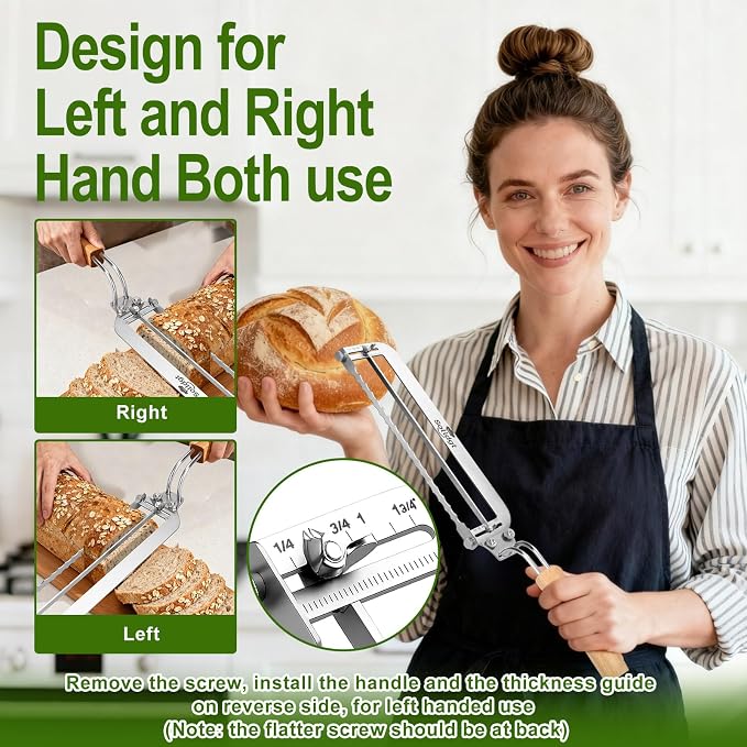 Adjustable Bread Slicer for Homemade Bread - Upgrade Manual Sourdough Bread Knife with Thickness Guide, Bread Bow Cutter with Serrated Stainless Blade for Baguettes, Gift for Baker, Ambidextrous Use