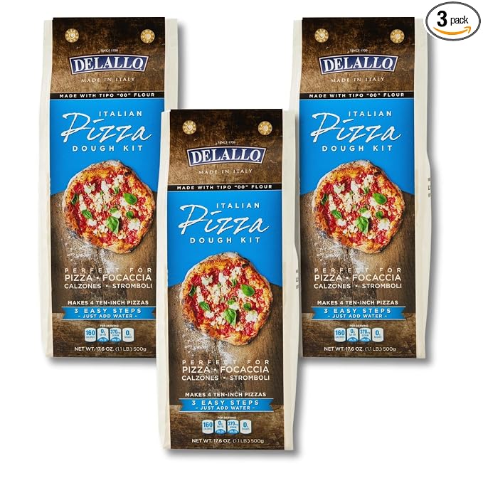 DeLallo, Italian Pizza Dough Kit, Pizza Crust Mix for Garlic Knots, Calzones, and Breadsticks, 00 Superfine Flour, Includes Instant Yeast Packet, Non-GMO, 17.6 oz Bag, (3 Pack)