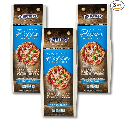 DeLallo, Italian Pizza Dough Kit, Pizza Crust Mix for Garlic Knots, Calzones, and Breadsticks, 00 Superfine Flour, Includes Instant Yeast Packet, Non-GMO, 17.6 oz Bag, (3 Pack)