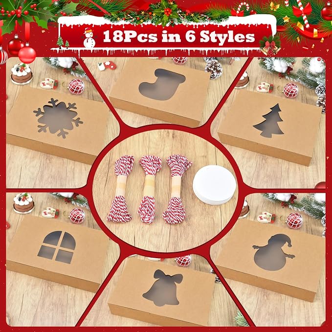 COTOPHER 18Pcs Christmas Cookie Boxes with Window, 10x10x2.5 inch Brown Bakery Boxes for Gift Giving, Kraft Treat Boxes Dessert Boxes for Cakes Donuts Chocolate Strawberries Pastries Muffins