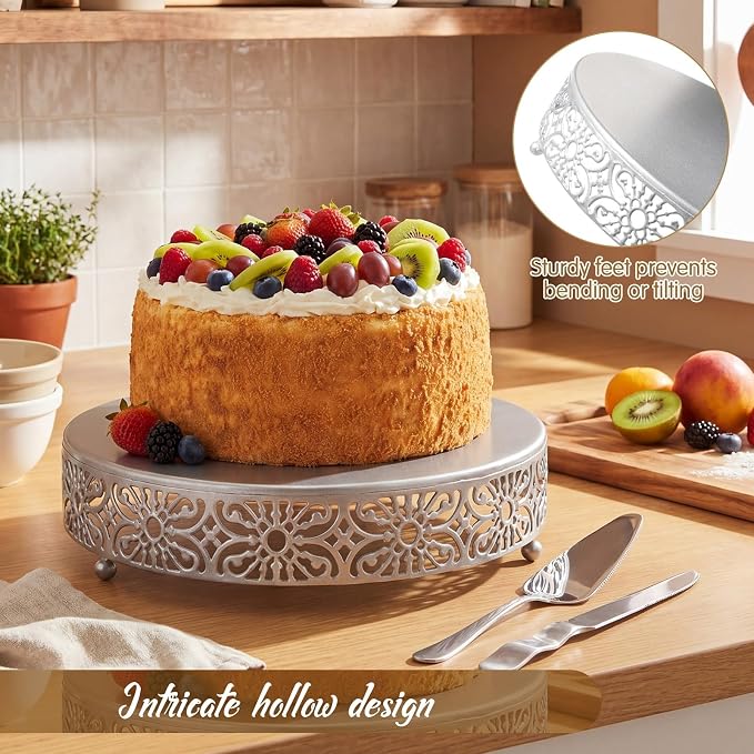 Wenqik 14 Inch Cake Stand Round Metal Cupcake Dessert Wedding Cake Stand Cookies Display Holder Fruit Food Serving Tray for Table Wedding Birthday Anniversary Party Decor (Silver)