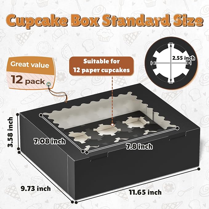 RYDDOY 12 Pack Cupcake Boxes, Hold 12 Standard Cupcakes, Black Cupcake Containers, Cupcake Holder with Window and Inserts for Birthday Holiday Party, Supplies for Cupcakes, Desserts and More