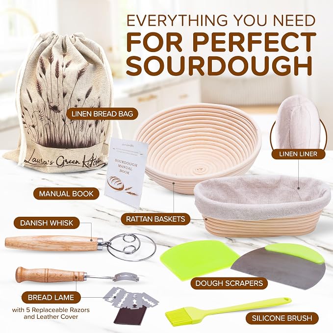 Laura's Green Kitchen Complete Sourdough Starter Kit – Sourdough Bread Baking Supplies with 2 Banneton Bread Proofing Basket, Linen Liners, Bread Lame, 5 Bread Blade for Scoring Dough, Scraper & More