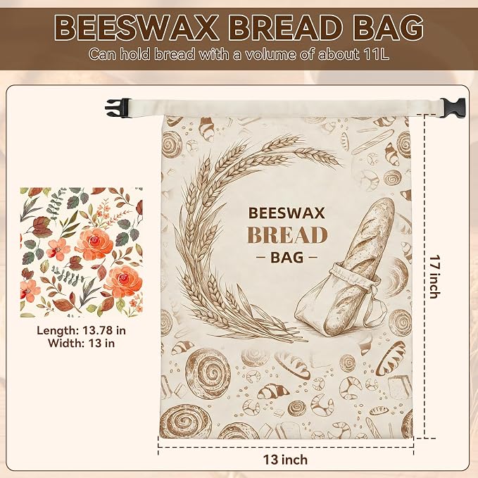 2 Pack Beeswax Sourdough Bread Bags for Homemade Bread (2 Pack + 1 Wrap) -17"x13" Reusable Cotton Beeswax Bread Bag with Lock Closure, Non-Flaking & Breathable for Fridge