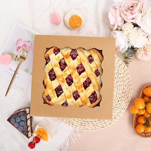Moretoes 38pcs Pie Boxes, 10x10x2.5 Inches Auto-Popup Bakery Boxes with Window for Cookies, Treats, Cake, Pies, Chocolate Covered Strawberries, Macarons, Donuts, Muffins