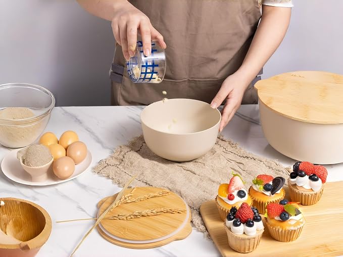 4-Piece Eco-Friendly Mixing Bowl Set with Bamboo Lids – Shatterproof BPA-Free PP, Glass-Like Finish, Stackable Kitchen Bowls for Meal Prep, Baking, Salad & Smoothies (5QT + Nested Sizes)