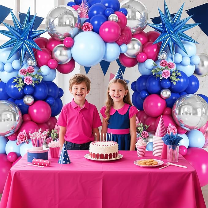 Royal Blue Hot Pink Balloon Arch Garland Kit with Blue Star Foil Balloons Silver 4D Round Balloons for Hawaii Theme Baby Shower Birthday Party Decorations