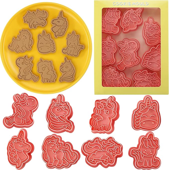 8 Pcs Unicorn Cookie Cutters with Plunger Stamps Set 3D Cute Animal Cracker Embossed Cookie Stamps for Baking Birthday Party Supply Chese Pie Biscuit Fondant Kitchen Bakeware Tool Christmas