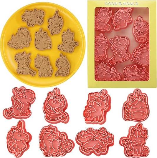 8 Pcs Unicorn Cookie Cutters with Plunger Stamps Set 3D Cute Animal Cracker Embossed Cookie Stamps for Baking Birthday Party Supply Chese Pie Biscuit Fondant Kitchen Bakeware Tool Christmas