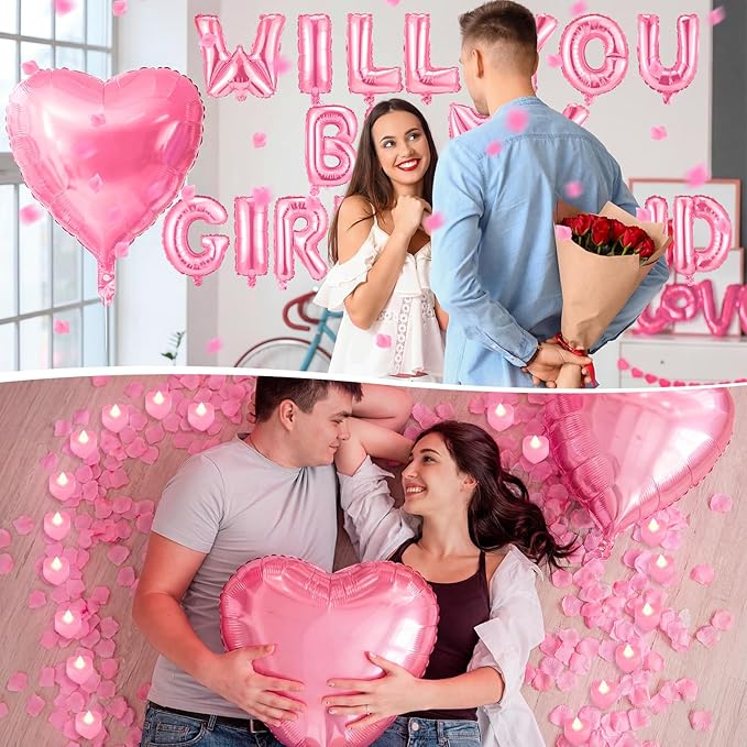 Will You Be My Girlfriend Balloon Proposal Decor 24 LED Flameless Tealight Heart Candle 2000 Artificial Rose Petals Love Balloon for Engagement Wedding Decor Romantic Special Night(Pink)