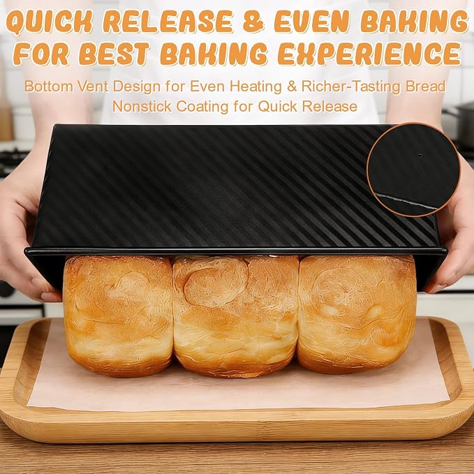 Pullman Loaf Pan with Lid,Non-Stick Carbon Steel Corrugated Toast Mold with Plastic Spatula and Basting Pastry Brush,1 LB Dough Capacity for Homemade Sandwich and Sourdough Bread(Black)